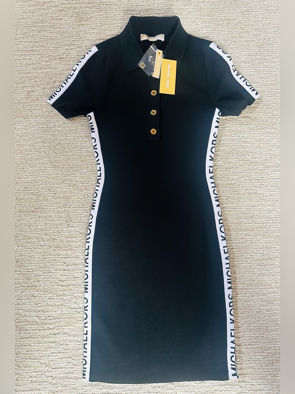 Michael Kors Black Polo Knit Midi Dress with White Logo Stripe